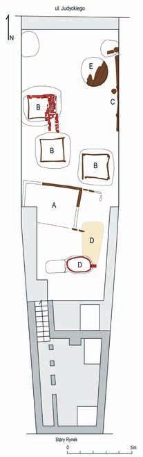 Stare Miasto 3 Eksploracja piętnastowiecznej latryny. 2 Plan parceli z odkryciami archeologicznymi. A, C budynki, B latryny, D piec garncarski i hałda gliny, E kadź nowożytna. połowy XI wieku.