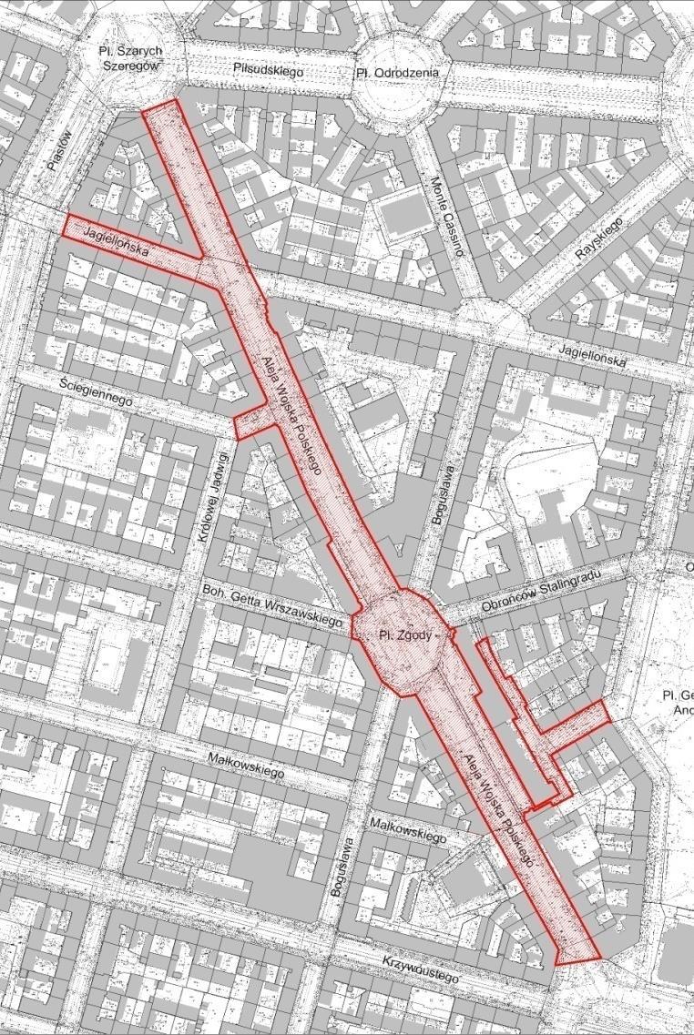 Rewitalizacja Alei Wojska Polskiego Obszar na odcinku od Placu Szarych Szeregów do Placu Zwycięstwa obejmuje znaczącą część centralnego fragmentu XIX-wiecznej śródmiejskiej zabudowy kwartałowej o