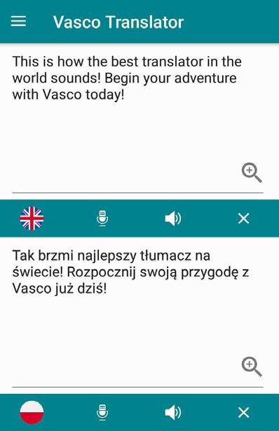 Tekst zostanie przetłumaczony na wybrany język przez aplikację Vasco Translator.