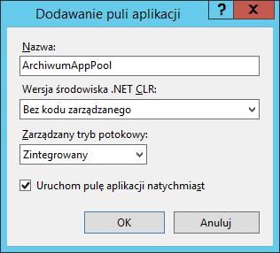 Rysunek 36: Tworzenie nowej puli aplikacji w programie IIS 10. Po wybraniu powyższej opcji powinno pojawić się okno, które należy uzupełnić jak poniżej. Nazwa puli aplikacji może być dowolna.