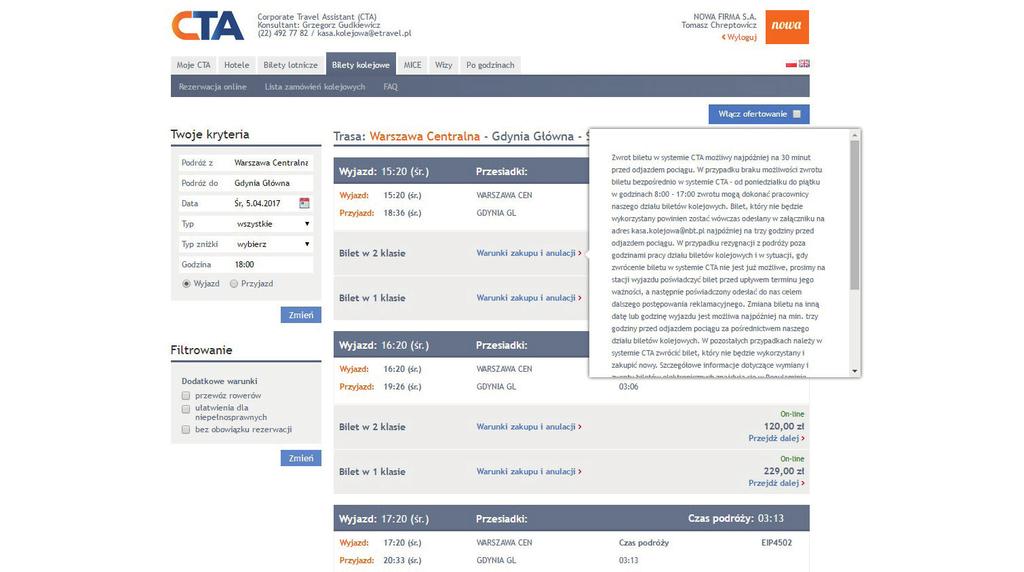 4 Bilety kolejowe dokonywanie rezerwacji wyniki wyszukiwania Podróż z Po określnie celu podróży i kliknięciu przycisku szukaj, system w pierwszej kolejności wyświetli listę dostępnych ofert dla