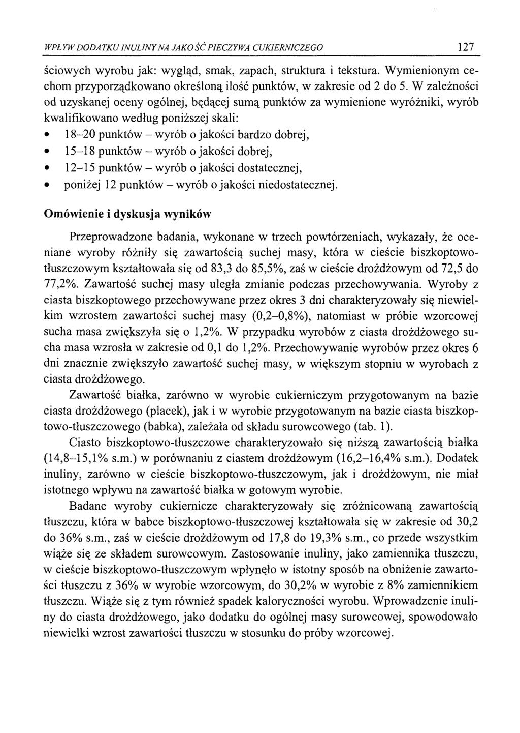 WPŁYW DODATKU INULINY NA JAKO ŚĆ PIECZYWA CUKIERNICZEGO 127 ściowych wyrobu jak: wygląd, smak, zapach, struktura i tekstura.