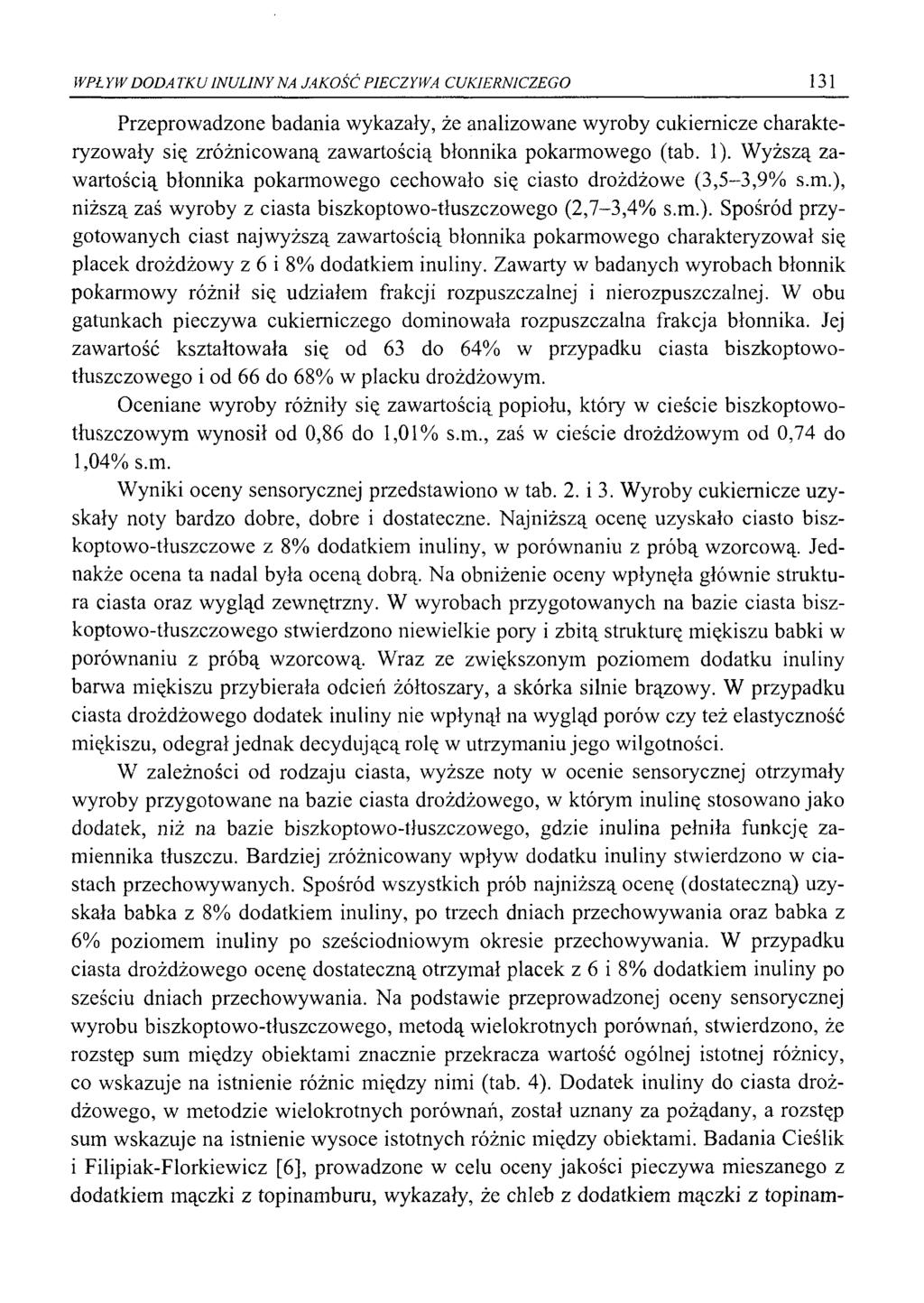 WPŁYW DODATKU INU LINY NA JAKOŚĆ PIECZYWA CUKIERNICZEGO 131 Przeprowadzone badania wykazały, że analizowane wyroby cukiernicze charakteryzowały się zróżnicowaną zawartością błonnika pokarmowego (tab.