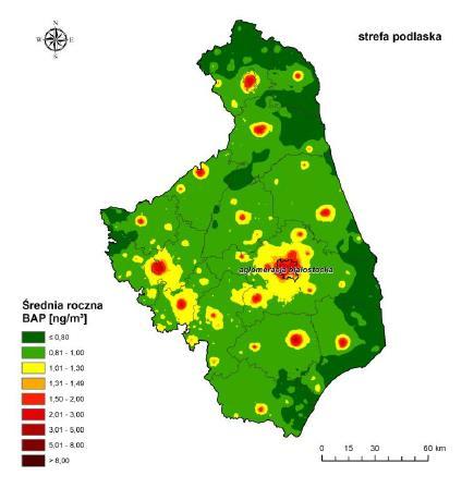 przekroczeń są: wszystkie miasta powiatowe województwa podlaskiego oraz inne mniejsze miejscowości szczegółowo wskazane na rysunku 9. Rysunek 9.