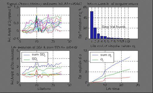 Rys.3 SVD w zastosowanu do badań slnków [4] Jak wdać z lewego górnego obrazka 3 merzonych symptomów tworzy gęstwnę nformacj, która jednak po przetworzenu przez SVD jest łatwo dekodowana na dwa główne