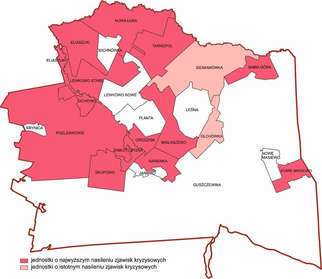Zjawiska społeczne kryzysowe wg jednostek delimitacyjnych mapa Źródło: Opracowanie własne 4.2.