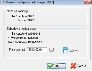 Wyświetlone zostanie okno: Należy nacisnąć przycisk i z wyświetlonej listy kartotek wodomierzy użytkowanych wybrać kartotekę wodomierza do którego nadajnik radiowy został zamontowany.