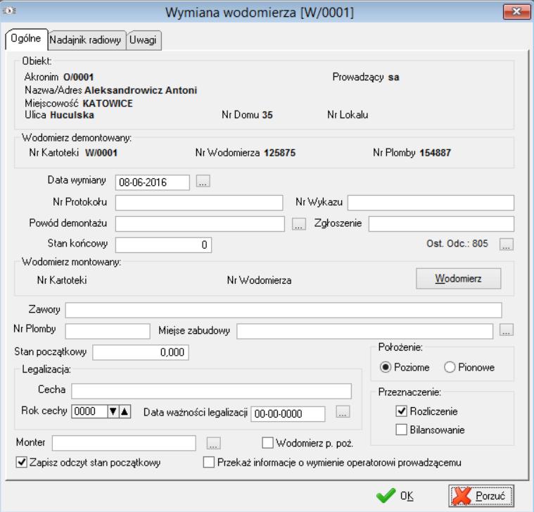 Wymiana wodomierza Opcja ta umożliwia wykonanie demontażu aktualnego wodomierza i montażu nowego z poziomu jednego okna.