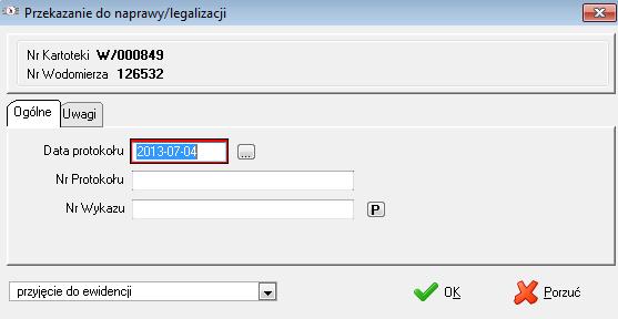 W zakładce OGÓLNE uzupełniamy informacje takie jak data protokołu, numer protokołu, numer wykazu. W zakładce UWAGI można wprowadzić dowolne informacje dotyczące operacji wysłania do legalizacji.