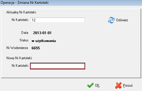 Ad.1 Po wybraniu tej operacji wyświetlone zostanie okno, w którym wpisujemy numer kartoteki wodomierzowej i naciskamy przycisk ODŚWIEŻ.
