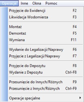 HISTORIA UŻYTKOWANIA WODOMIERZY wyświetla wykaz wszystkich operacji dla wszystkich kartotek wodomierzowych, HISTORIA KONSERWACJI WODOMIERZY wyświetla wykaz wszystkich zaewidencjonowanych w systemie