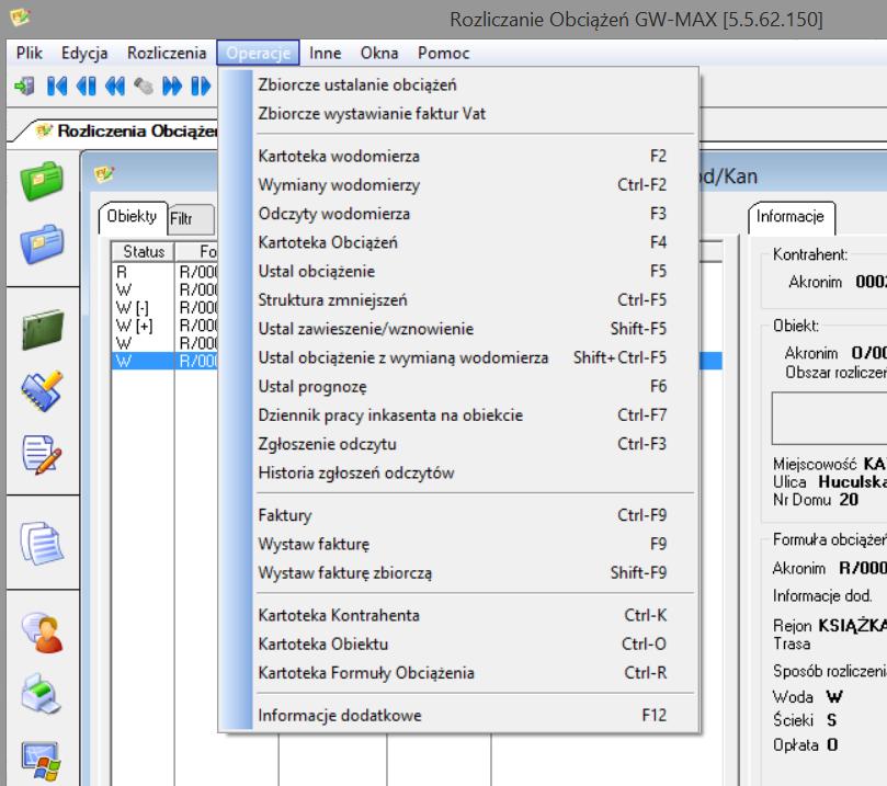 Poszczególne operacje można również wywołać korzystając z menu górnego opcja OPERACJE, korzystając z klawiszy skrótu lub z ikon znajdujących się na bocznym pasku.