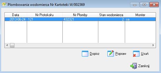 Przycisk PLOMBOWANIA podgląd wykonanych operacji plombowania dla danego wodomierza oraz ewidencjonowanie wykonanej operacji plombowania