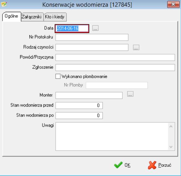 : data operacji, numer protokołu, rodzaj czynności, przyczyna przeprowadzenie konserwacji, zgłoszenie, monter wykonujący, stan wodomierza przed i po konserwacji oraz ewentualnie uwagi.
