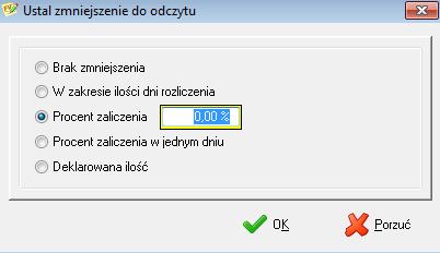 Po jego naciśnięciu pojawia się okno w którym można określić sposób zaliczenia zmniejszenia - możliwe jest określenie deklarowanej ilości zmniejszenia (m3), procentu zaliczenia (podajemy % - system