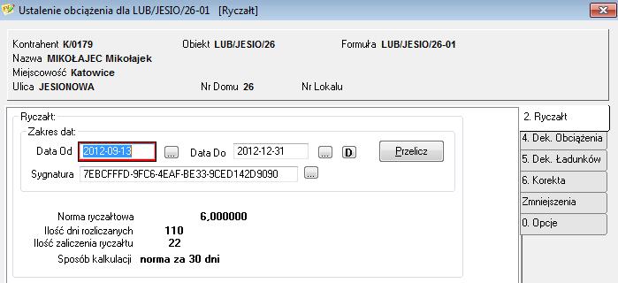 Ad.1b Ustalenie obciążenia na podstawie normy ryczałtowej W przypadku ustalania obciążenia dla obiektu rozliczanego według normy ryczałtowej po naciśnięciu F5 lub wybraniu z operacji opcji