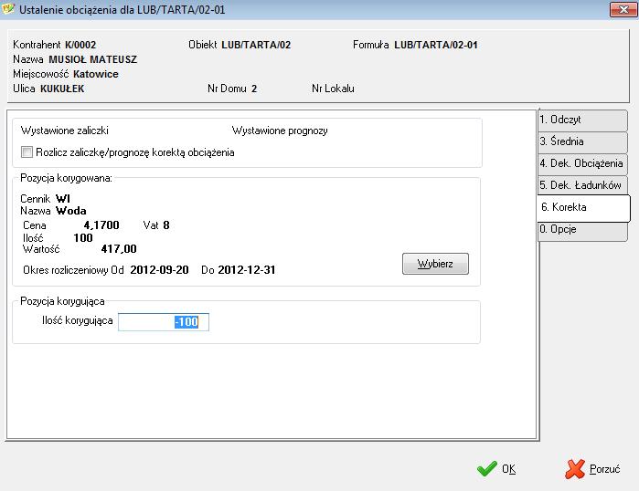 Jeżeli korekta ma dotyczyć całej wartości naciskamy OK. Jeżeli ma być to inna wartość zmieniamy wartość w pozycji ILOŚĆ KORYGUJĄCA i naciskamy OK.
