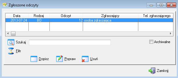 Po wprowadzeniu bieżącego zgłoszenia data odczytu, odczyt i ewentualnie dane zgłaszającego operator rejestruje zgłoszenie naciskając przycisk OK. lub ENTER.