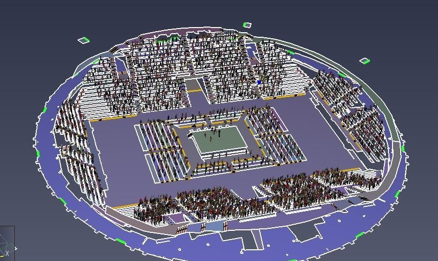 Model wykorzystany w symulacji komputerowej przy imprezie gali boksu Sprawdzeniem objęto tylko ewakuację z pierwszej strefy pożarowej areny i trybun podczas gali boksu.