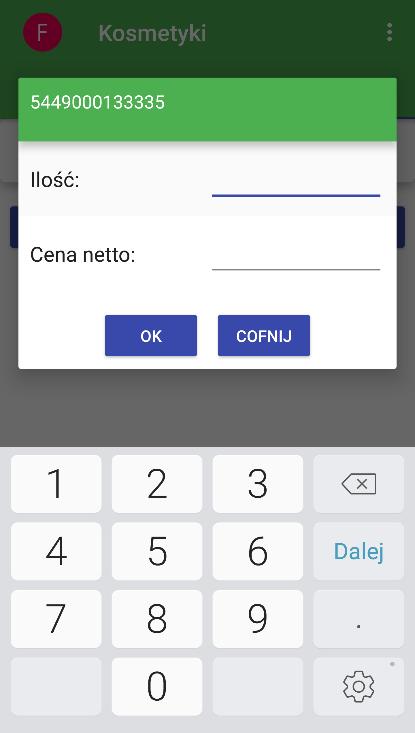 (EAN13, EAN8, UPCA i UPCE). Jeżeli użytkownik wpisał niestandardowy kod zostanie wyświetlony komunikat (Rysunek 14).