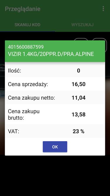 Rysunek 7 Szczegóły znalezionego towaru W przypadku zeskanowania towaru, którego nie ma w bazie