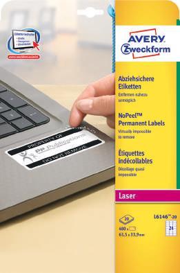 Próba usunięcia powoduje rozpadnięcie się etykiety na drobne kawałki. Wodoodporne, odporne na smary, brud, temperaturę (od -40 C do +120 C). Pakowane po 20 arkuszy.