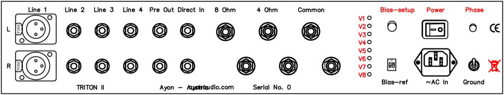 wejście sygnału (3 x liniowe RCA + 1 x liniowe XLR 1 x Direct in RCA) wyjście sygnału z przedwzmacniacza (pre-out) wyjścia głośnikowe (masa, 4 Ω i 8 Ω) bias przycisk aktywujący procedurę autobiasu
