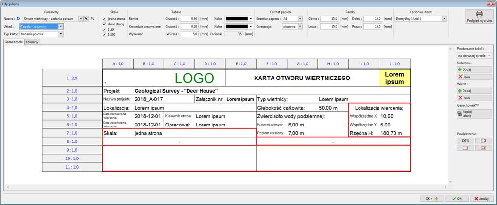 Edytowanie szablonu - górna tabela Praca z tabelą wygląda bardzo podobnie jak w programie Excel bądź innych arkuszach kalkulacyjnych.