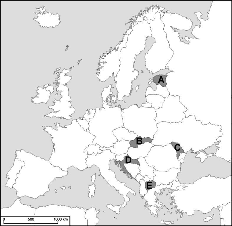 Zadanie 14.( 0-2 pkt.) Na mapie politycznej Europy oznaczono literami wybrane państwa, które powstały z rozpadu państw federacyjnych w ostatniej dekadzie XX w.