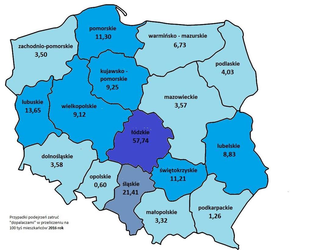 Liczba zatruć dopalaczami na 100 tys. mieszkańców w poszczególnych województwach, w 2016 r.