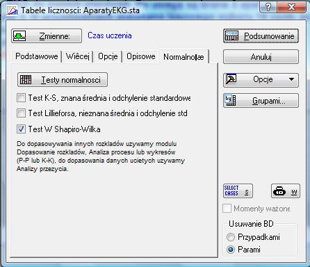 Rys. 8. Okno Tabele liczności z zaznaczoną kartą Normalność. Rys. 9.