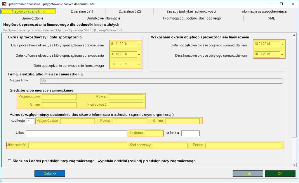 Po wyborze tej funkcji następuje przejście do okna, w którym następuje przygotowanie danych do formatu XML.