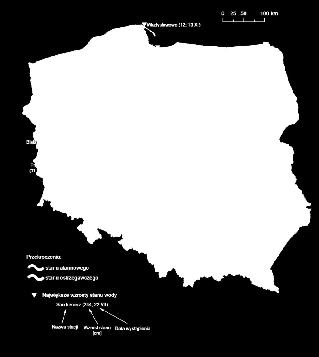 4. Przekroczenia stanów ostrzegawczych i alarmowych oraz najwyższe dobowe wzrosty stanu