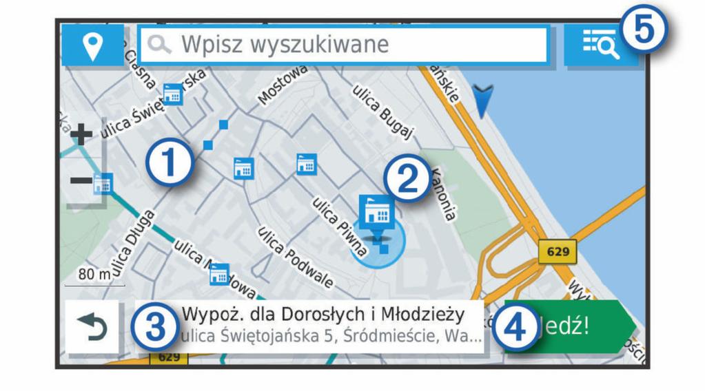 Jedź! Przeciągnij mapę, aby wyświetlić dodatkowe wyniki wyszukiwania. Dodatkowe wyniki wyszukiwania. Wybierz, aby wyświetlić inną pozycję. Podsumowanie wybranej pozycji.