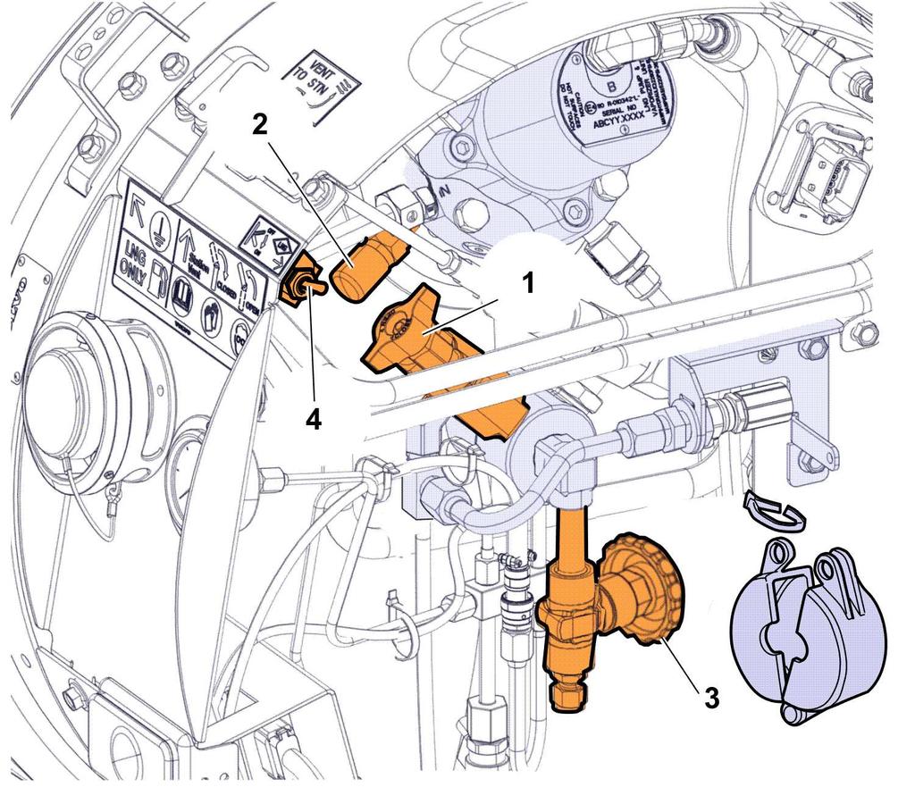 T1125905 T1133431 Nalepki LNG na zbiorniku LNG T1133431 1 Zawór bezpieczeństwa z ręcznym odpowietrzeniem (15 bar) 2 Zawór bezpieczeństwa (22 barów) 3 Spust płynu LNG