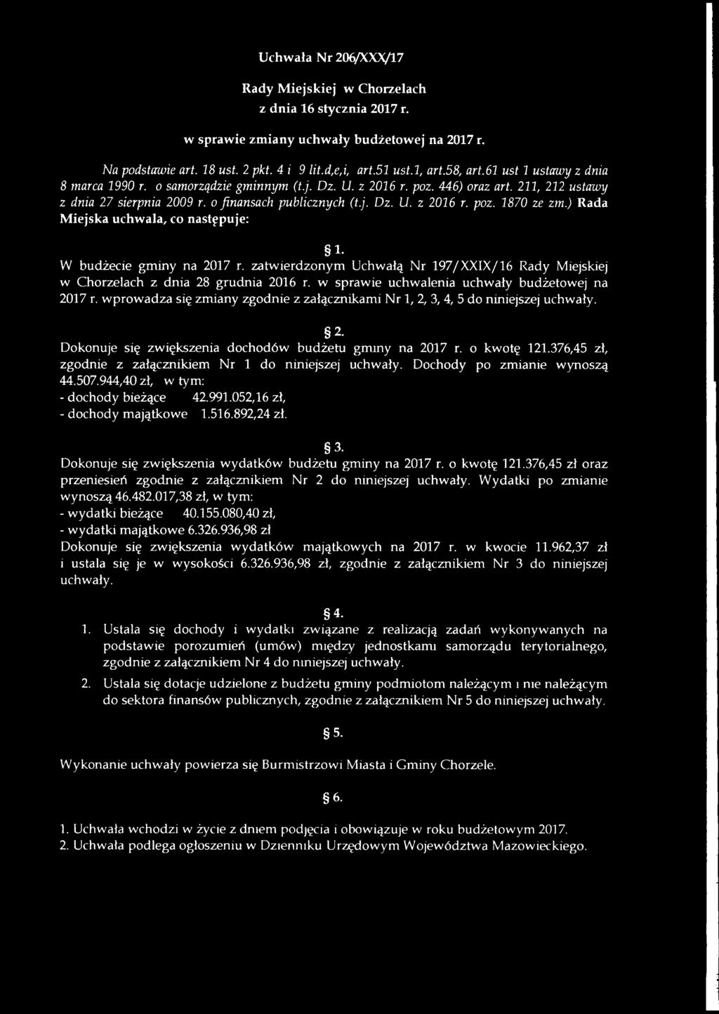 ) Rada Miejska uchwala, co następuje: 1 - W budżecie gminy na 2017 r. zatwierdzonym Uchwałą Nr 197/X X IX /16 Rady Miejskiej w Chorzelach z dnia 28 grudnia 2016 r.