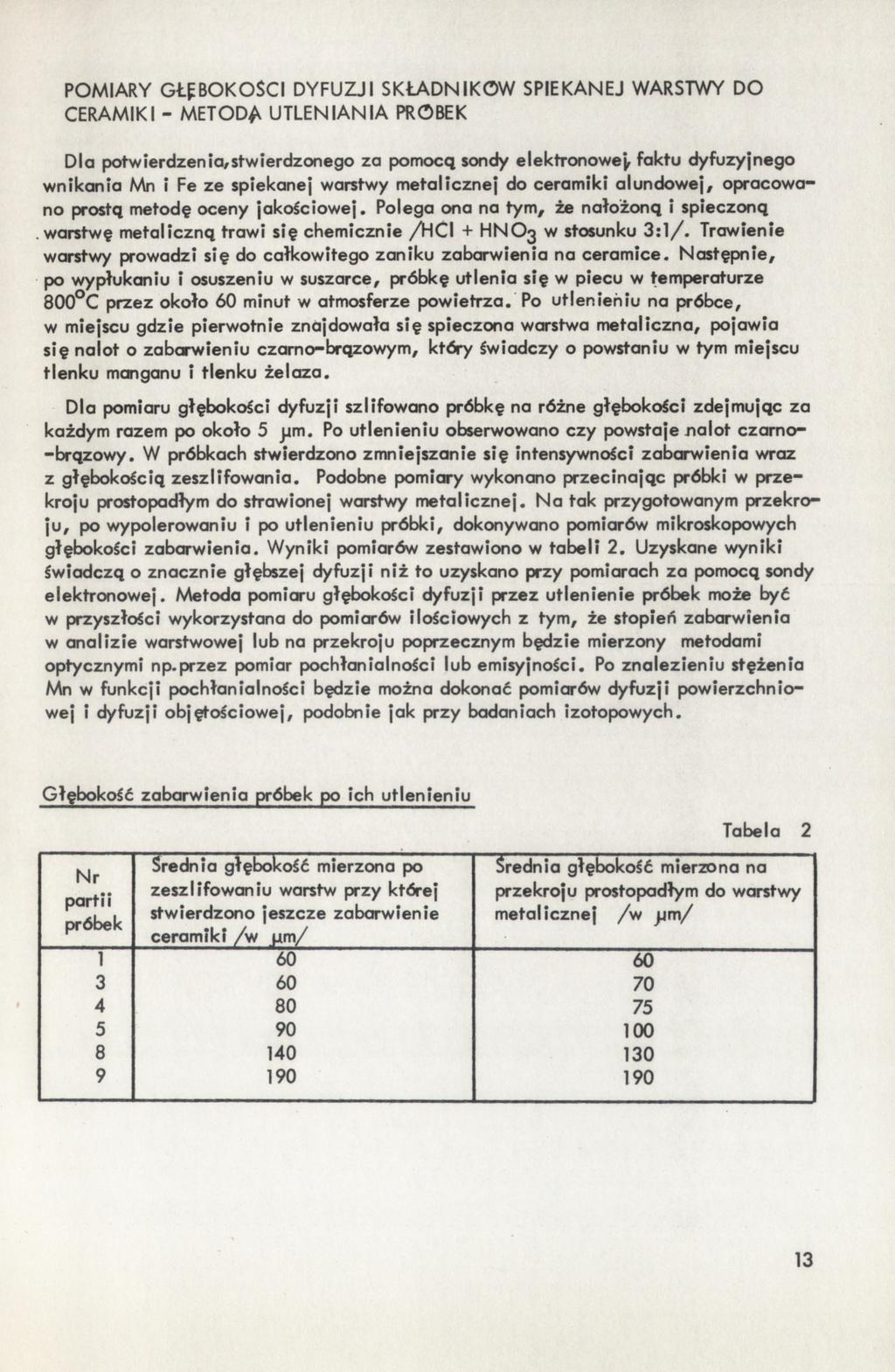 POMIARY GŁĘBOKOŚCI DYFUZJI SKŁADNIKÓW SPIEKANEJ WARSTWY DO CERAMIKI - METODA UTLENIANIA PRÓBEK Dla potwierdzenia/stwierdzonego za pomocą sondy elektronowej faktu dyfuzyjnego wnikania Mn i Fe ze
