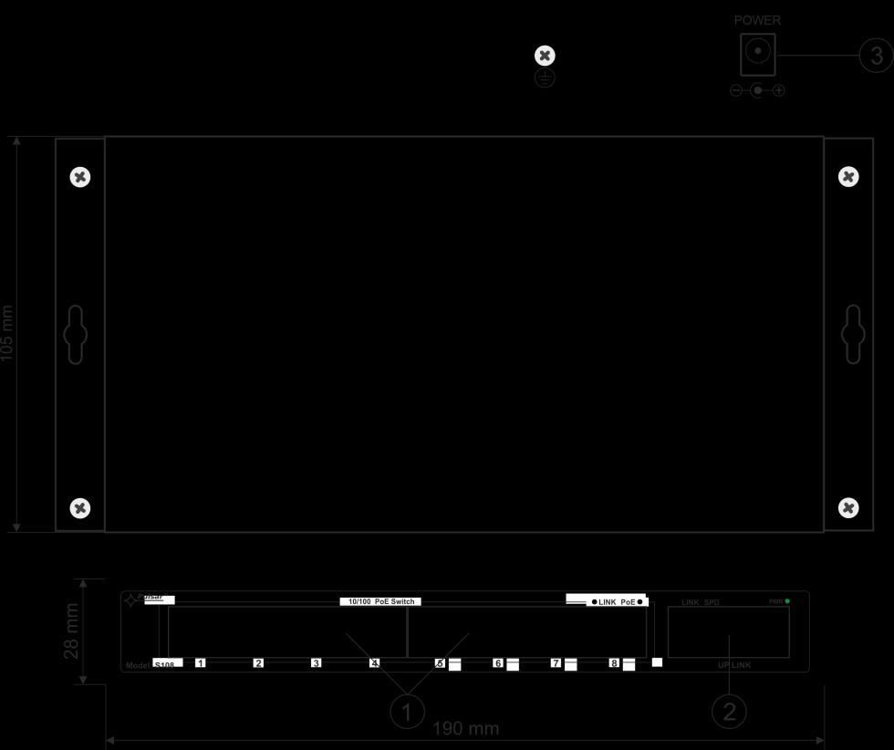 Rys. 3. Widok switch'a. Tabela 2. (patrz rys.3) Element nr (Rys. 3) [1] 8 x PoE port (1 8) [2] 2 x UpLink port [3] Gniazdo zasilania 52V DC Opis 1.4. Parametry techniczne. - parametry switch'a (tab.