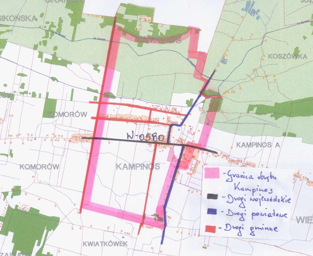 Transport Przez teren miejscowości przebiegają zarówno drogi wojewódzkie, powiatowe i gminne. Drogą wojewódzką jest droga nr 580 Warszawa - Leszno Kampinos - Sochaczew.