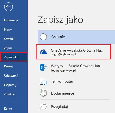 Ponadto tworząc nowe dokumenty w programie Word mamy opcję zapisania dokumentów w Chmurze SGH (Rys. 10). Rys. 10 7.