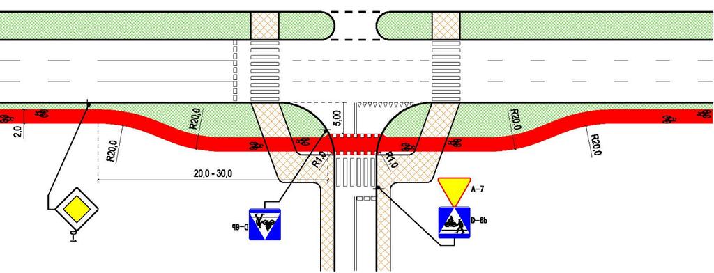 5. OGÓLNE WARUNKI TECHNICZNE DLA TRAS ROWEROWYCH Rysunek 5.22 Przykład przejścia drogi dla rowerów w pasy ruchu dla rowerów Źródło: wykonanie własne 5.4.