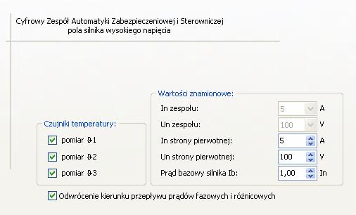 Znamionowe nastawa wartości znamionowych zespołu.
