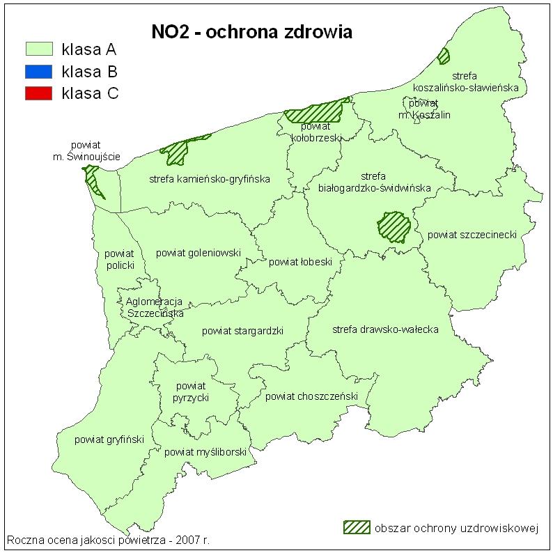 Tabela 4.1.2. Klasyfikacja stref województwa zachodniopomorskiego z uwzględnieniem parametrów kryterialnych dla NO 2 poziomów dopuszczalnych powiększonych o margines tolerancji na 2007 r.
