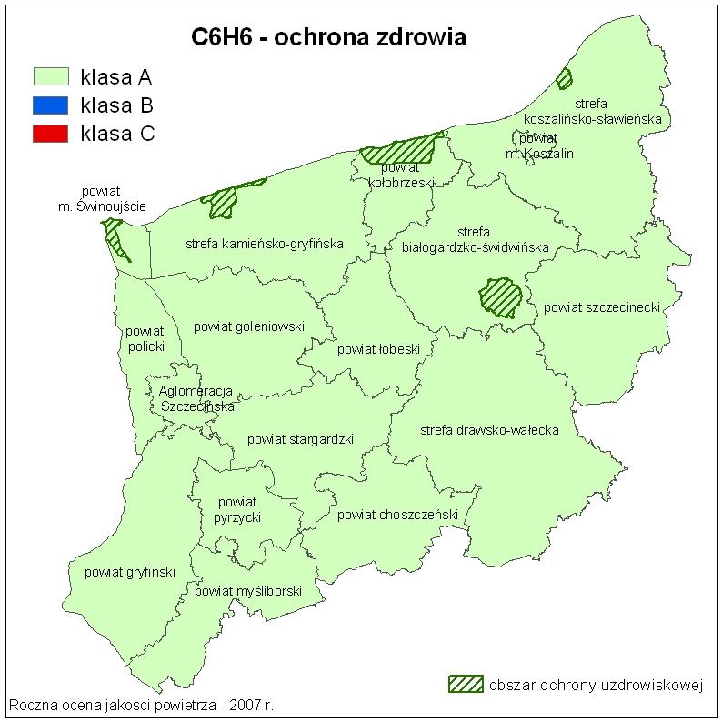 Tabela 4.1.5. Klasyfikacja stref województwa zachodniopomorskiego z uwzględnieniem parametrów kryterialnych dla benzenu poziomu dopuszczalnego powiększonego o margines tolerancji na 2007 r.