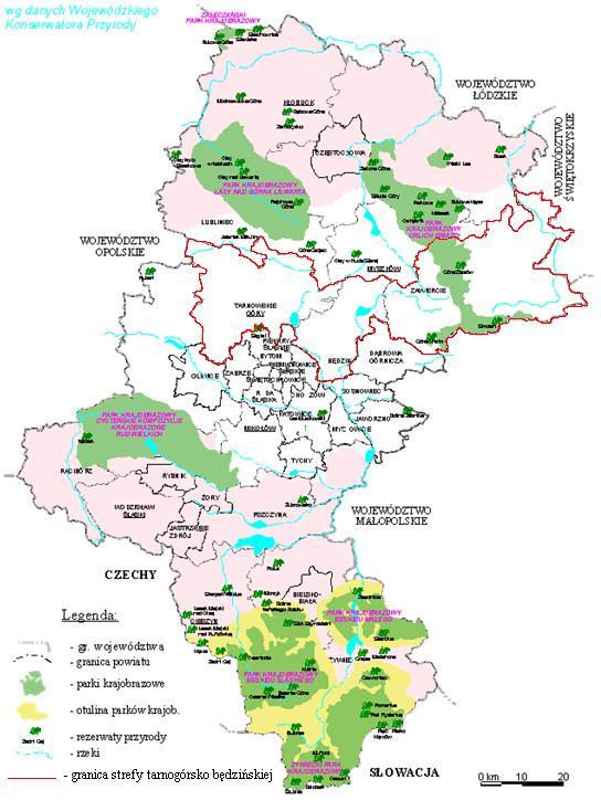 Na poniższym rysunku przedstawiono lokalizację obszarów parków krajobrazowych oraz rezerwatów przyrody wchodzących w skład omawianej strefy. Rysunek B-4.