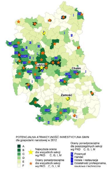 (C - przemysł przetwórczy, G - handel i naprawy, I turystyka i gastronomia, M działalność profesjonalna, naukowa i techniczna). Potencjalna atrakcyjność gminy została określona jako niska (poziom F).
