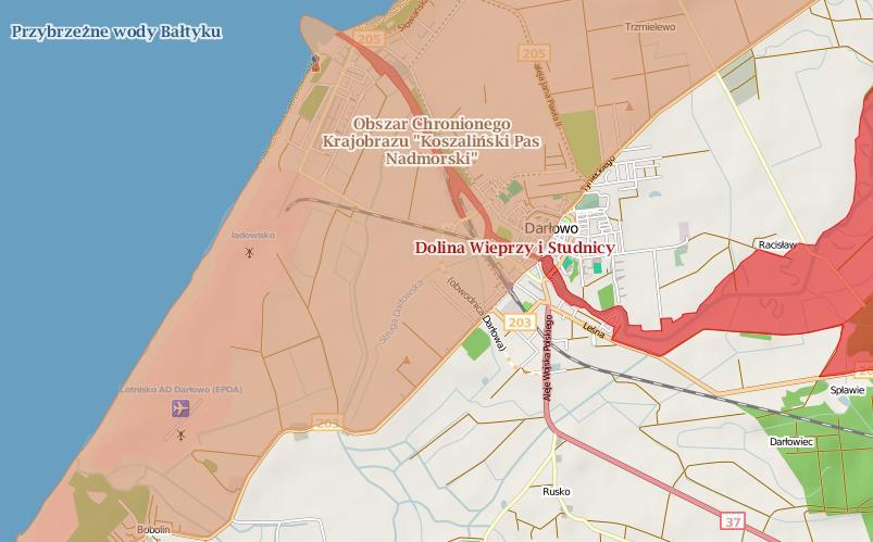 Rysunek 4. Położenie form ochrony przyrody w obrębie i okolicach Miasta Darłowo Źródło: http://geoserwis.gdos.gov.pl/mapy/ OBSZARY CHRONIONEGO KRAJOBRAZU Północna część Miasta Darłowo (ok.