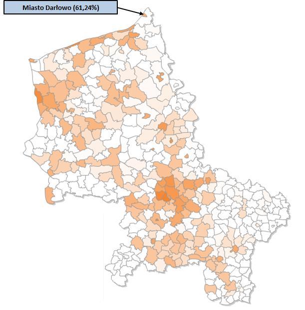 Rysunek 12. Stopień gazyfikacji Miasta Darłowo wg Mapy Systemu Dystrybucyjnego Polskiej Spółki Gazownictwa sp. z o.o. Źródło: Mapa Systemu Dystrybucyjnego gazu ziemnego, http://msd.wsgaz.