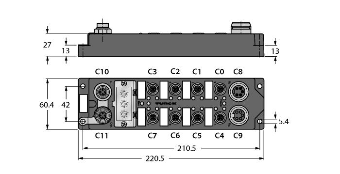 Wejście diagnostyczne na port Diagnostyka wyjściowa na kanał Dwa swobodnie konfigurowane wyjścia dwustanowe na port Złącza męskie 7/8", 5-pinowe, podłączenie zasilania Obudowa PA6 wzmacniana włóknem