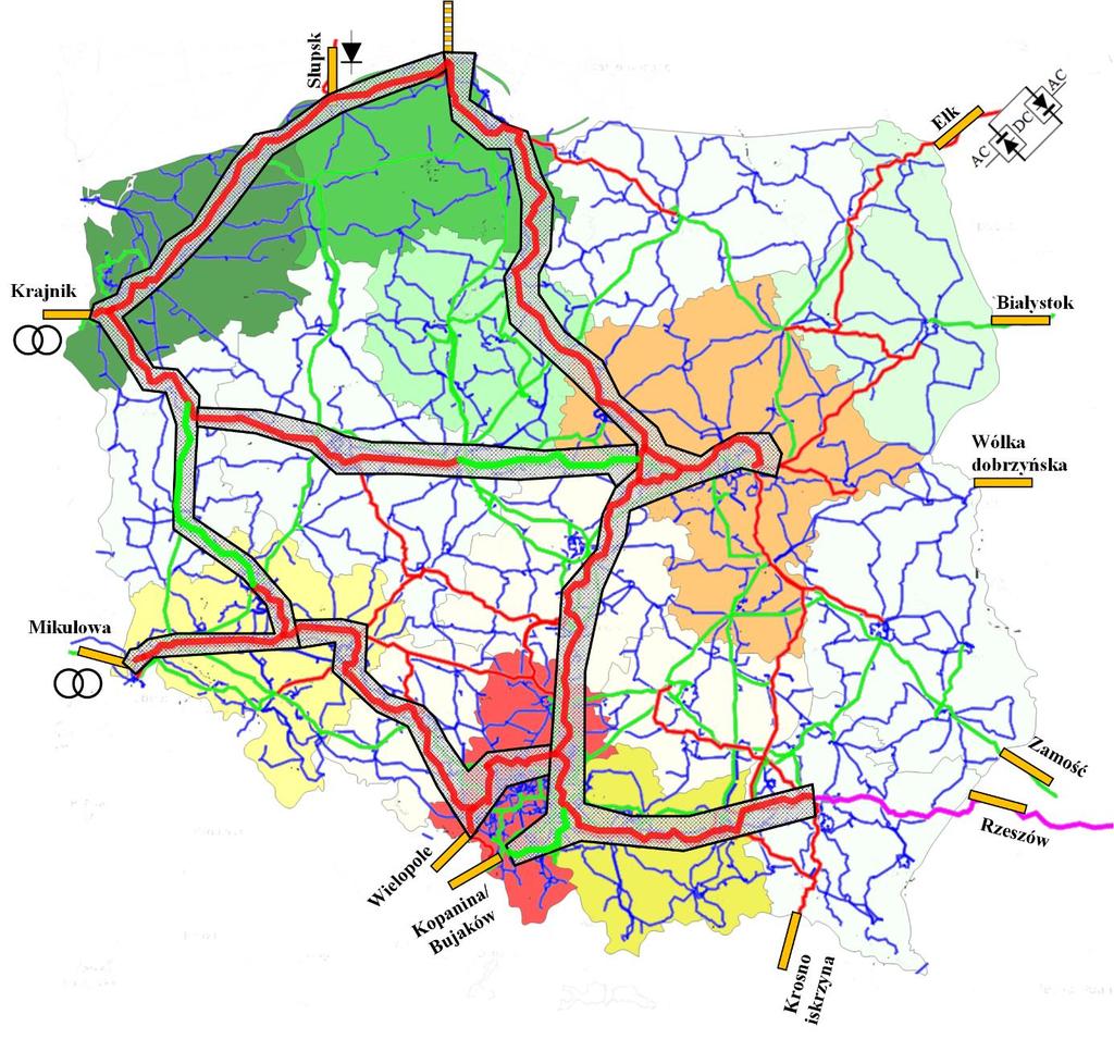 Krakowa, poprzez Metropolię Silesia do Wrocławia) zlokalizowana jest dominująca część polskiego wielkiego przemysłu; odzwierciedleniem tego po stronie elektroenergetyki jest około 200 GPZ-ów